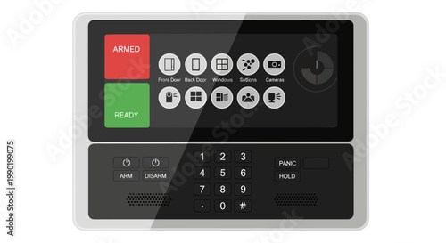Home security system control panel showing armed and ready status with door window motion and camera icons on a gray display