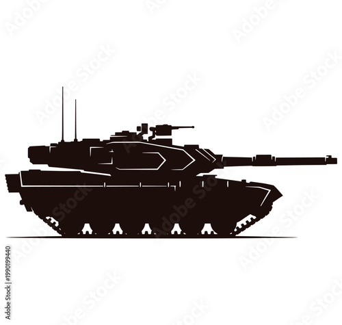 Silhouette of a modern military tank with long barrel and treads  side view