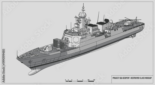 Isometric view illustration of a Project Sea Serpent destroyer class mockup naval ship design with missile launchers and helicopter platform