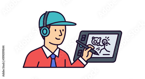 Man wearing headphones drawing cartoon animation with graphic tablet and stylus showcasing modern digital creation process in vector style