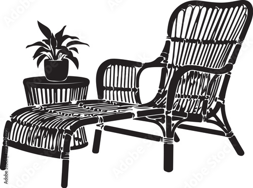 Black silhouette wicker chair and ottoman with potted plant