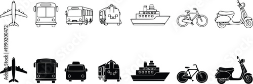 Set of transportation airplane, bus, train, ship, bicycle, and scooter silhouettes