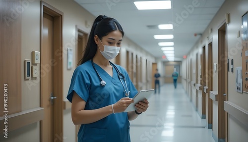 A female nurse in blue scrubs stands in a hospital hallway, wearing a white face mask and stethoscope, looking at a tablet.
