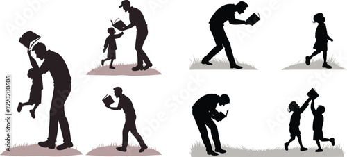 Silhouette of people picking up books on the grass education and literacy