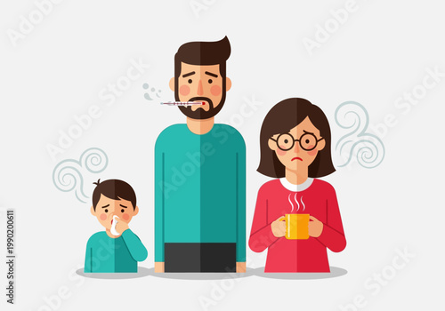 Sick Family with Flu Symptoms Vector Illustration, Parents and Child with Cold, Fever, and Virus