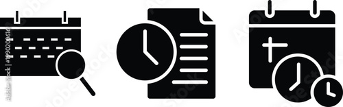 Calendar reminder, time log, and project deadline silhouette icon set, ideal for scheduling, deadlines, productivity, and project management.