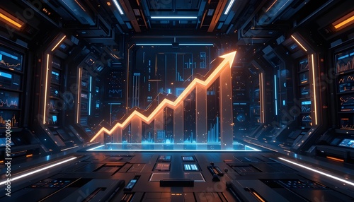 A futuristic room with a bright orange arrow pointing upwards, surrounded by blue and orange lights, indicating growth and progress in a high-tech environment.