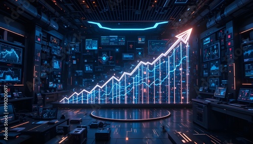 A futuristic control room with a large blue and white graph display showing an upward trend