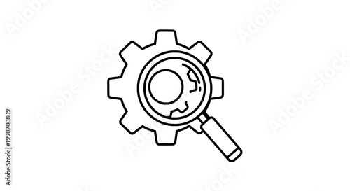 Gear magnifying glass icon with circular inspection symbol for quality control, technical analysis, and engineering documentation