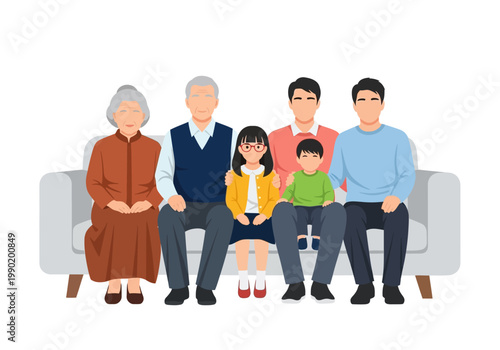 Multi-Generational Asian Family Vector Portrait Sitting on Sofa