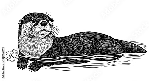 Otter animal line art illustration with detailed fur texture and calm swimming pose on flowing water ripples