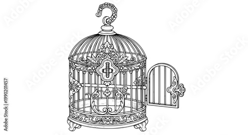 Birdcage vintage engraving icon with ornate ironwork, decorative door and finial top, retro monochrome line art for design
