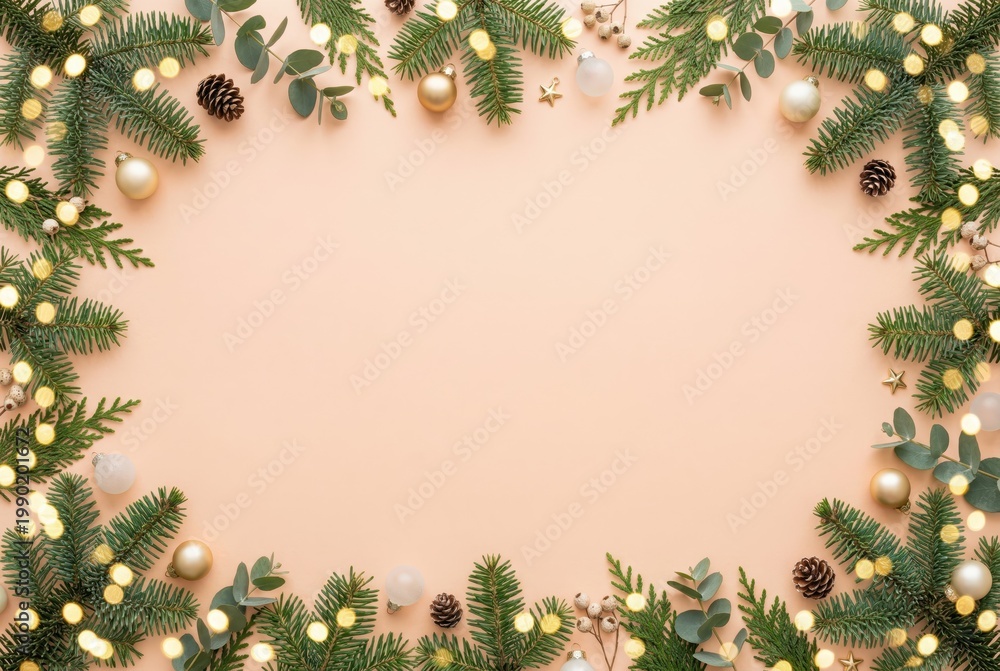 Fototapeta premium Christmas frame with fir branches pinecones ornaments and string lights