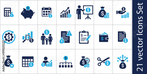 Finance and Investment Management Vector Icon Set. Savings, profit growth, budgeting, money bag and financial planning symbols. Solid style.