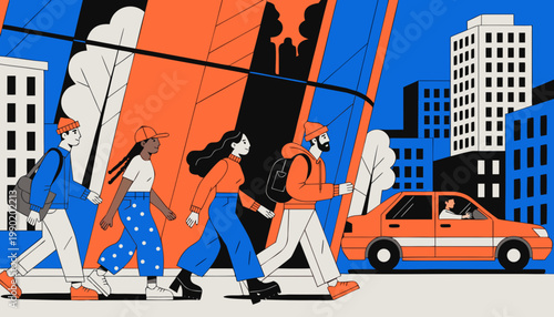 People walking on sidewalk in front of modern glass building exterior in cityscape with evening skyline