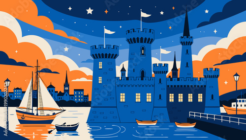 Majestic castle with towers and battlements on a serene waterfront at dusk with sailboats and a starry night sky