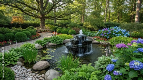 A serene garden features a large tree and vibrant flowers surrounding a small pond with a fountain