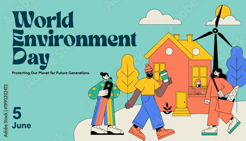 World environment day poster with people protecting the planet for future generations on june 5th