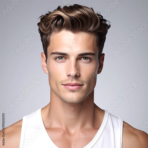 A young man with brown hair and a white tank top looks directly at the camera