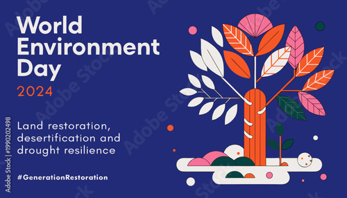 World environment day 2024 concept land restoration desertification and drought resilience with tree and leaves on blue background