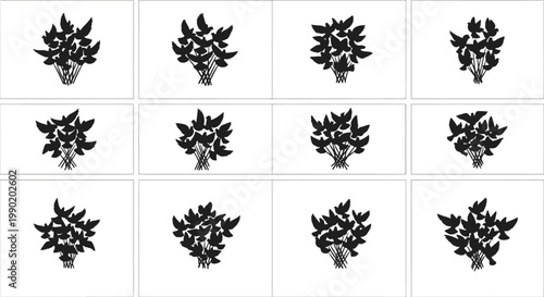 Set of identical black leafy plant graphics arranged in grid pattern on white background