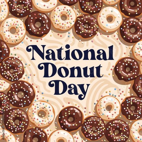 National donut day celebration with assorted frosted donuts on beige background