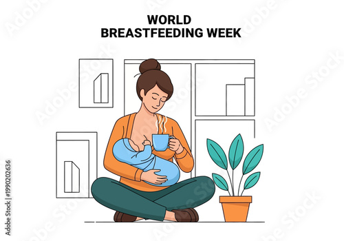 World Breastfeeding Week Illustration Featuring a Mother Nursing Her Baby While Relaxing at Home