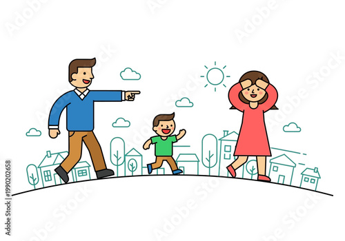 Happy Family Walking in City Neighborhood Illustration - Relocation, Moving House, and Real Estate Concept with Father, Mother, and Son