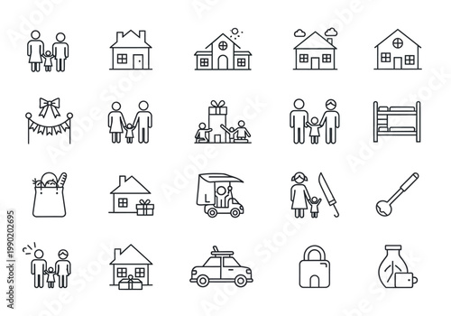 Family, Home, and Domestic Lifestyle Line Icon Set for Real Estate and Parenting