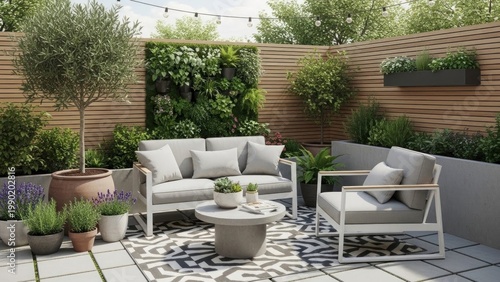A serene outdoor seating area with modern furniture and lush greenery