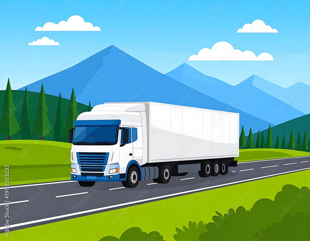 Obraz premium A white semi-truck driving on a road through a scenic landscape