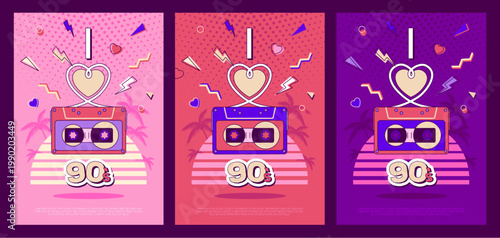 Set of retro disco party posters of 80s-90s with audio cassette, sunrise, cheart and palm trees. I love 90s. Vector illustration