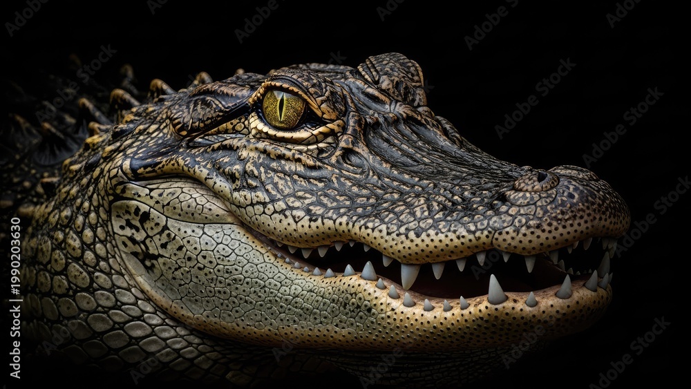 Obraz premium A close-up portrait of a crocodile's face with sharp teeth and scales