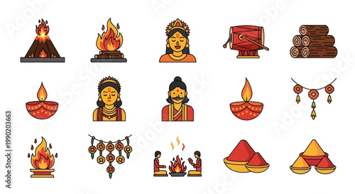 Indian Festival Icons: Fire, Deity, Drum, Offering, Celebration Elements
