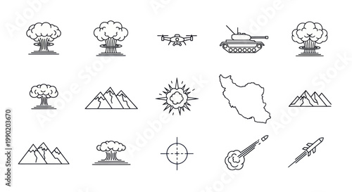 Iran Military Icons: Nuclear Mushroom Clouds, Tank, Drone, Rocket, Plane, Mountains, Map