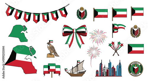 Kuwait National Day Celebration Icons: Flag, Map, Skyline, Dhow, Fireworks, Garland