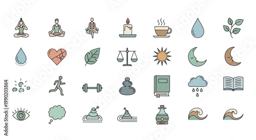 Wellness & Self-Care Icons: Yoga, Meditation, Balance, Nature, Health, Relaxation