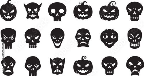 Halloween icons, scary faces, black silhouettes, 20 evil expressions isolated on Transparent Background