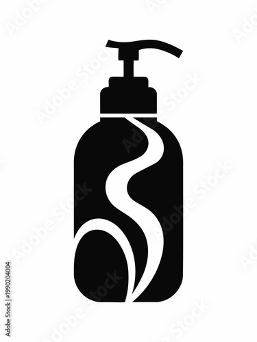 Black silhouette of a pump bottle with a swirling white design on a white background Keywords: bottle, pump, dispenser, liquid