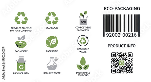 Eco-Friendly Packaging Icons: Recycle, Compost, Sustainable, Product Info, Barcode, QR Code