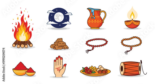 Indian Religious Icons Set: Fire, Moon, Water Pot, Lamp, Puja Thali, Drum, Colors