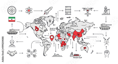 Global geopolitical map with conflict zones, military, technology, and diplomacy icons