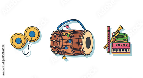 Indian Musical Instruments Collection: Tabla, Dhol, Flute, and Keyboard