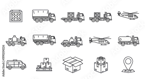 Logistics and delivery icons: trucks, helicopter, van, boxes, crate, map pin