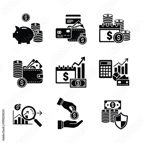 A comprehensive set of black and white financial icons illustrating concepts like savings, investment, banking, money management, security, and growth.
