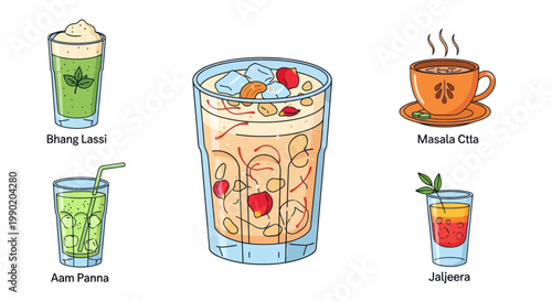 Collection of Indian Drinks: Lassi, Masala Chai, Aam Panna, Jaljeera