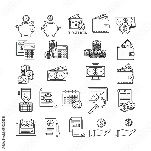 A comprehensive set of line art icons depicting various financial concepts, including budgeting, money management, banking, accounting, and investment tools.