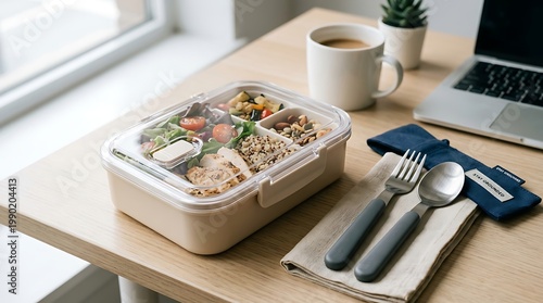 Healthy Food Meal in Bento Box on Wooden Desk Near Laptop and Coffee