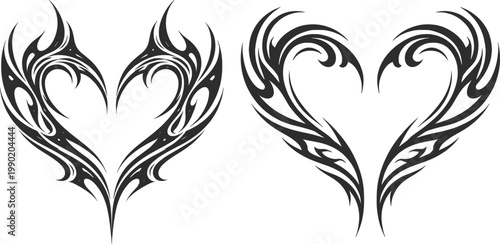Tribal Flame Heart Tattoo Design Symmetrical Abstract Line Art Illustration.