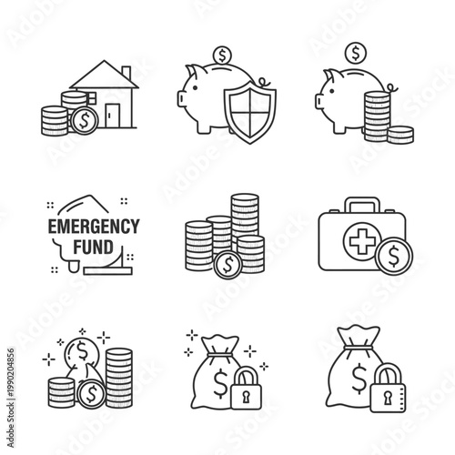 Line art icons representing financial planning, savings, investment, and security, including concepts like emergency funds, home savings, and health insurance.